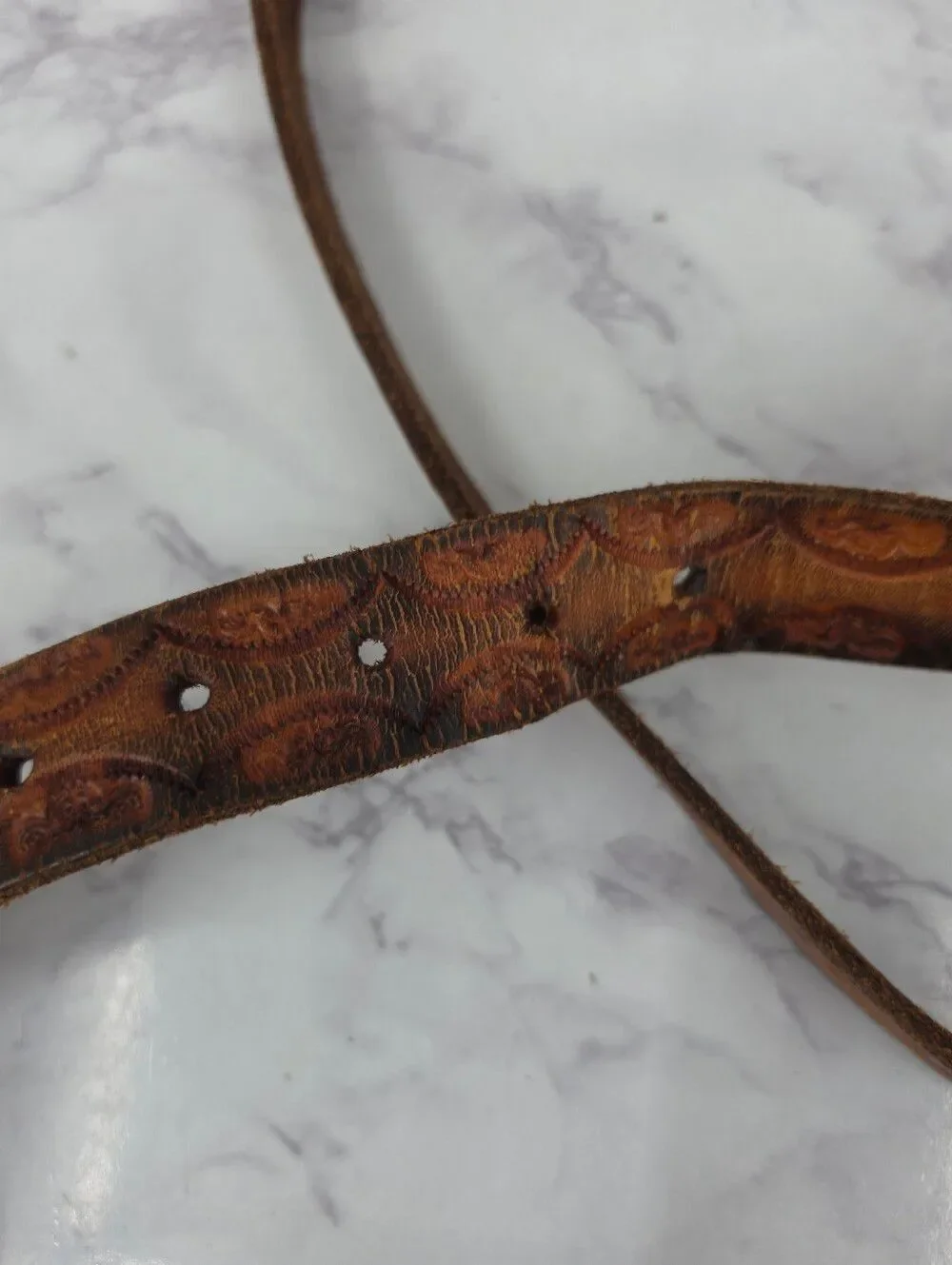 Vintage Tooled Brown Leather Belt with Silver Buckle VERY WORN